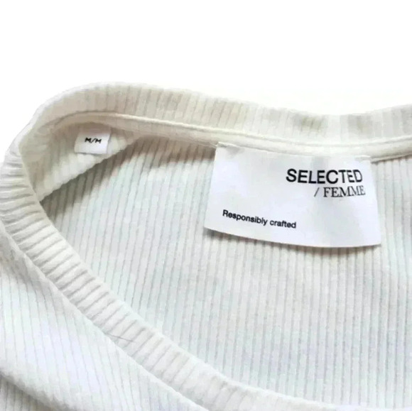 SELECTED Femme Long Sleeve Ribbed Tee Lettuce Hem White Crew Neck Women's Medium - Picture 7 of 13